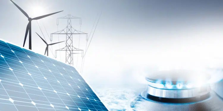 panneau solaire, poteau électrique, éolienne, gaz